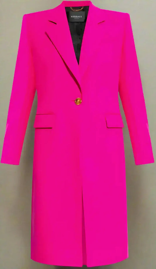 Versace Fuchsia Viscose Coat with notched lapel, flap pockets, and gold button closure