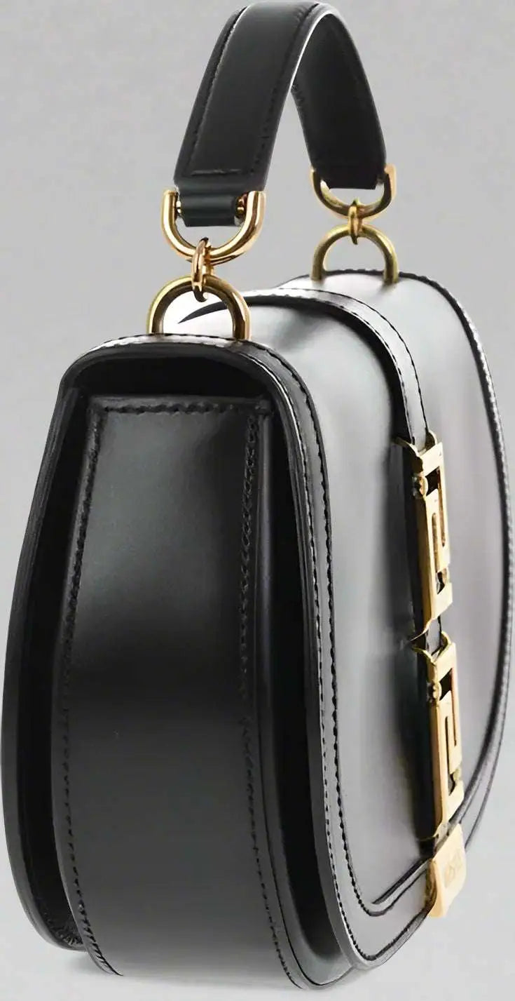 Versace Leather Greca Goddes Saddle Bag with shiny black leather and gold-tone hardware