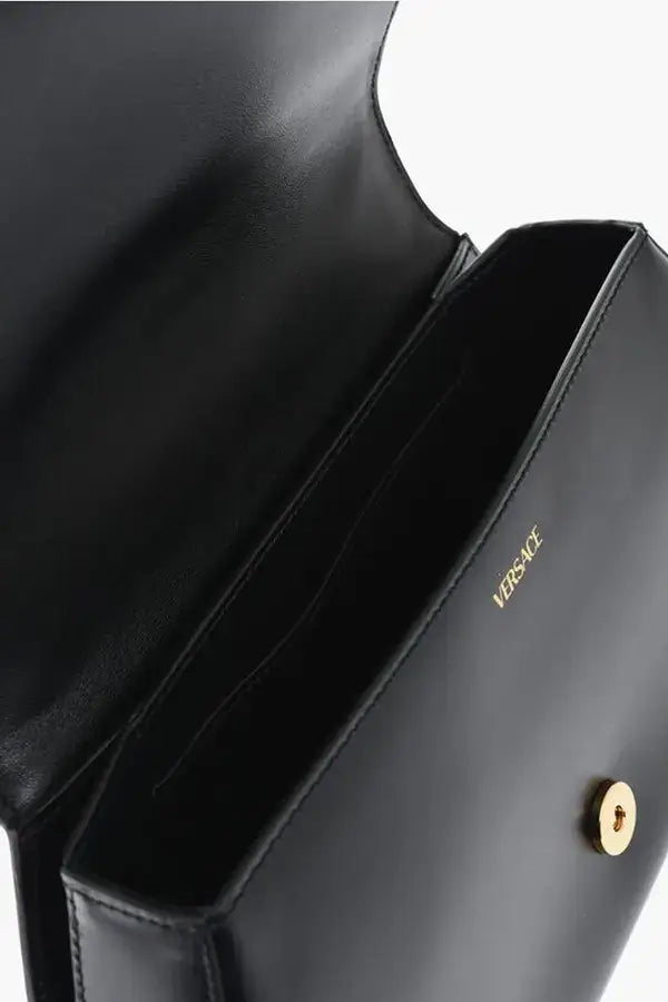 Versace Leather Greca Goddes Saddle Bag with black leather and gold-tone clasp