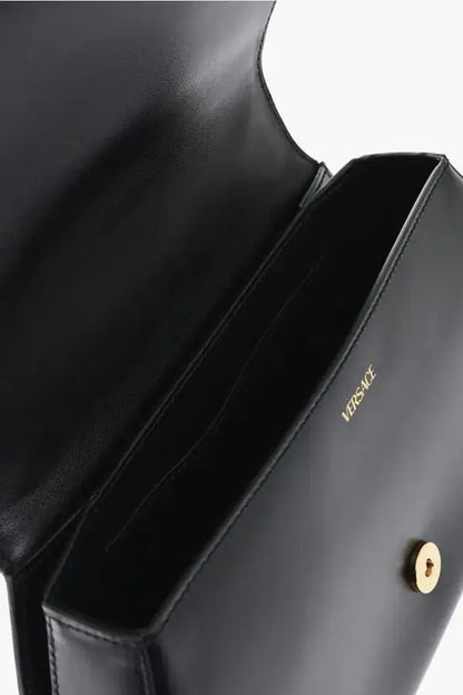 Versace Leather Greca Goddes Saddle Bag with black leather and gold-tone clasp