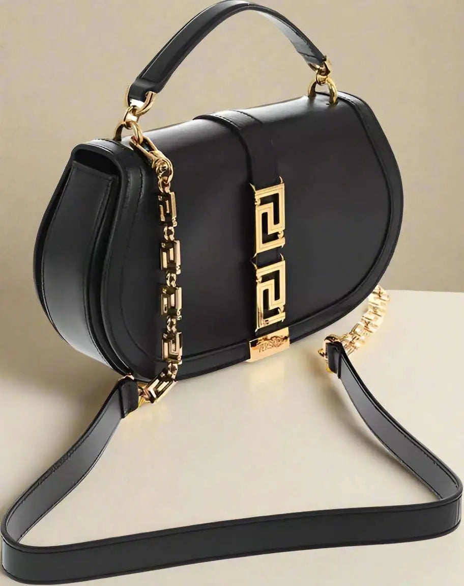 Versace Leather Greca Goddes Saddle Bag with gold-tone hardware and chain strap