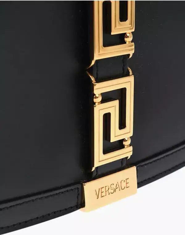 Versace Leather Greca Goddes saddle bag with black leather and gold-tone Greek Key hardware