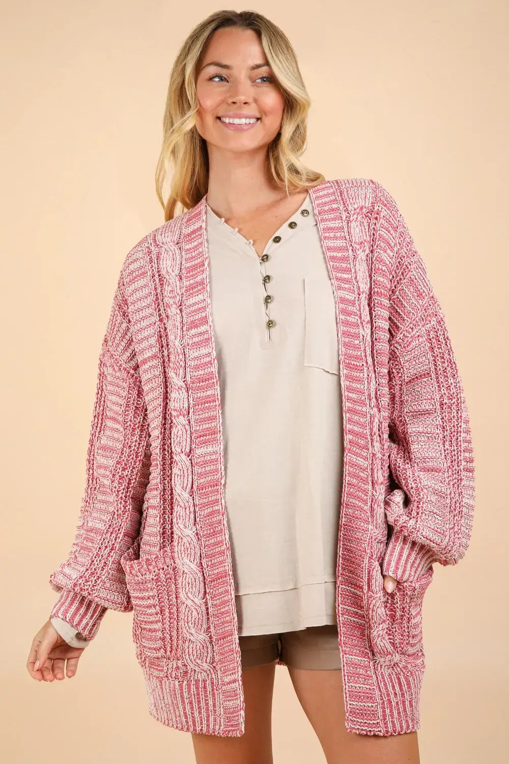 VERY J Cable Knit Open Front Cardigan - Brick / S - Sweaters & Cardigans/Cardigans