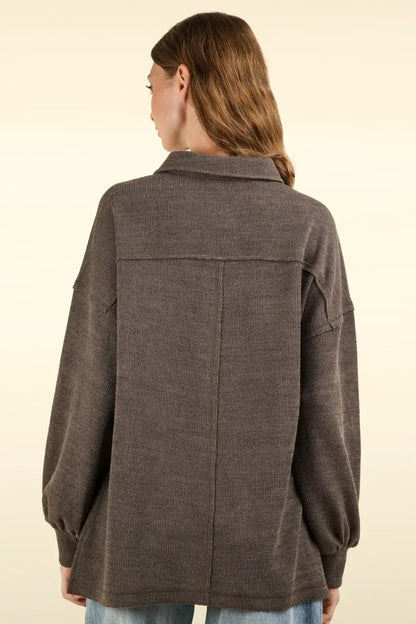Brown textured jacket with pockets and collared half button knit design for versatile style