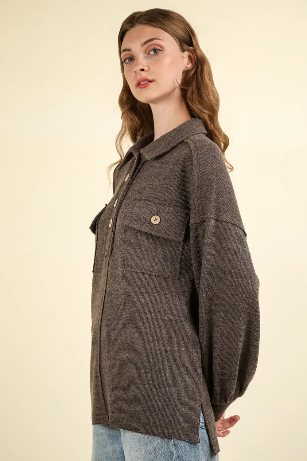 Charcoal oversized collared half button knit top with pocket detail and collar