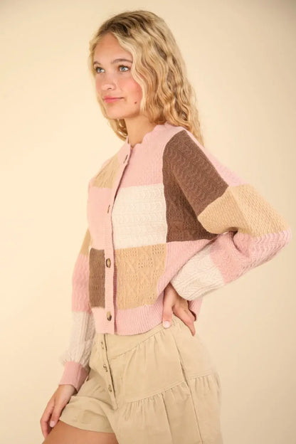 VERY J Color Block Button Down Textured Sweater Cardigan - Apparel & Accessories > Clothing > Shirts & Tops > Sweaters