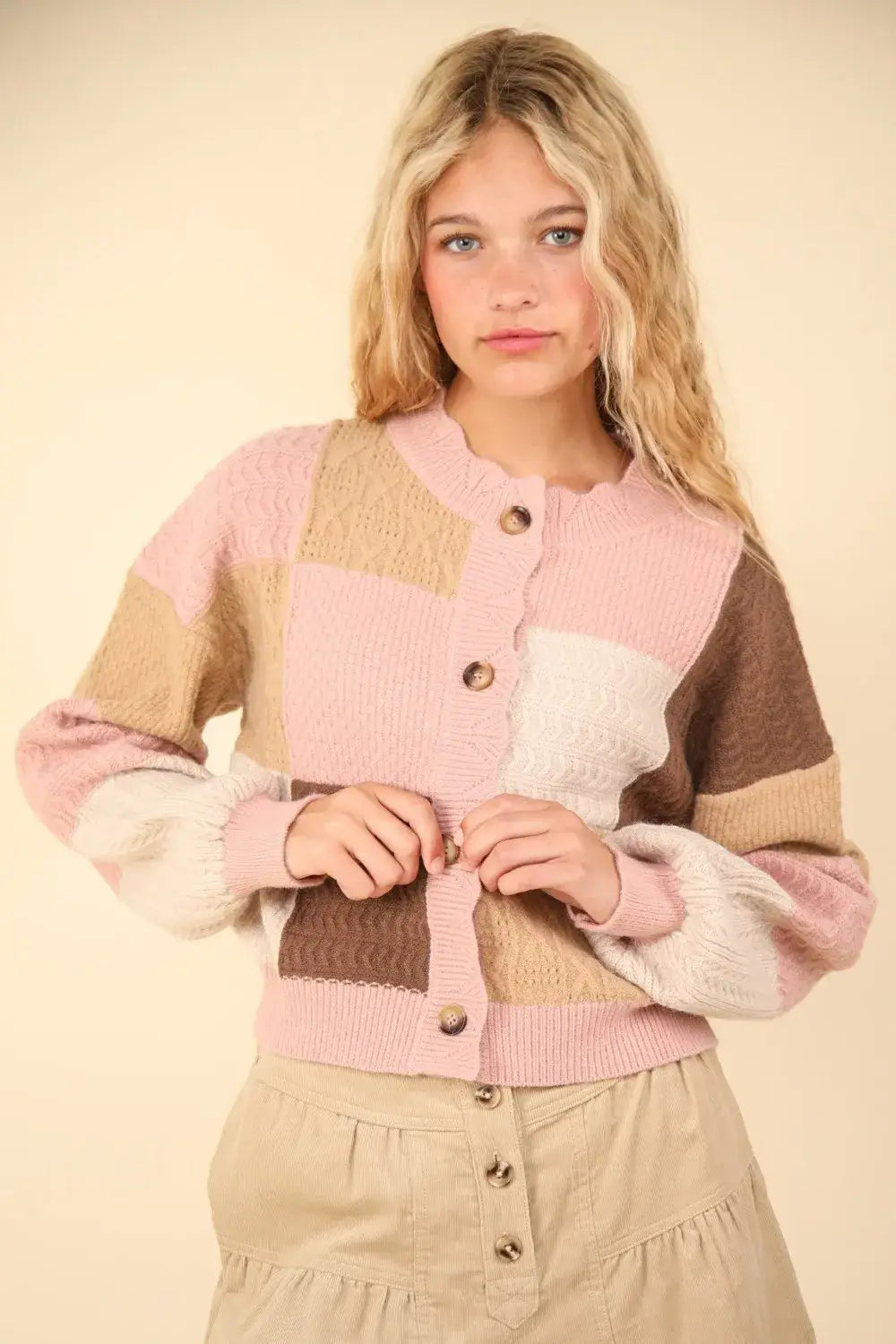 VERY J Color Block Button Down Textured Sweater Cardigan - Apparel & Accessories > Clothing > Shirts & Tops > Sweaters