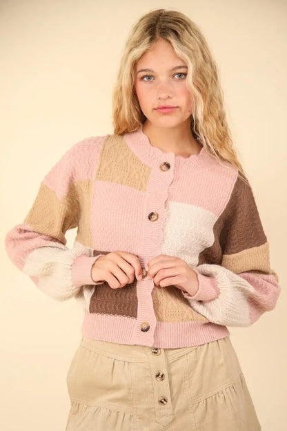 VERY J Color Block Button Down Textured Sweater Cardigan - Apparel & Accessories > Clothing > Shirts & Tops > Sweaters
