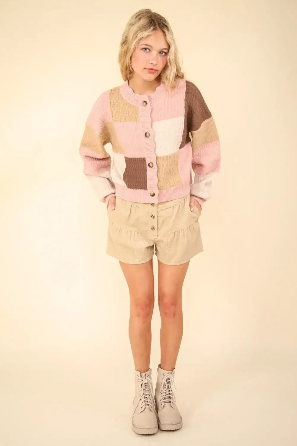 VERY J Color Block Button Down Textured Sweater Cardigan - Apparel & Accessories > Clothing > Shirts & Tops > Sweaters