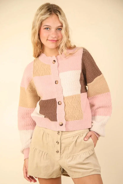 VERY J Color Block Button Down Textured Sweater Cardigan - Blush / S - Apparel & Accessories > Clothing > Shirts & Tops