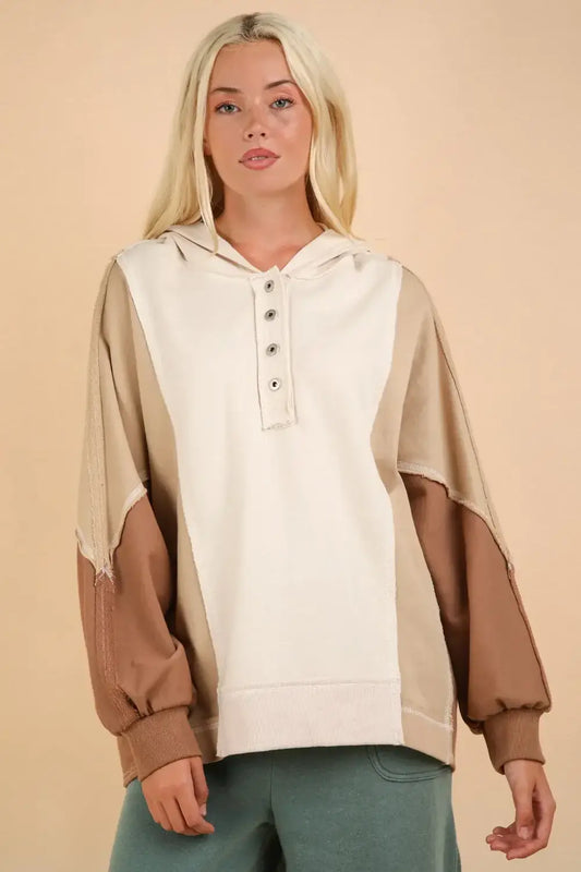 VERY J Exposed Seam Color Block Half Button Hoodie - Coconut Milk / S