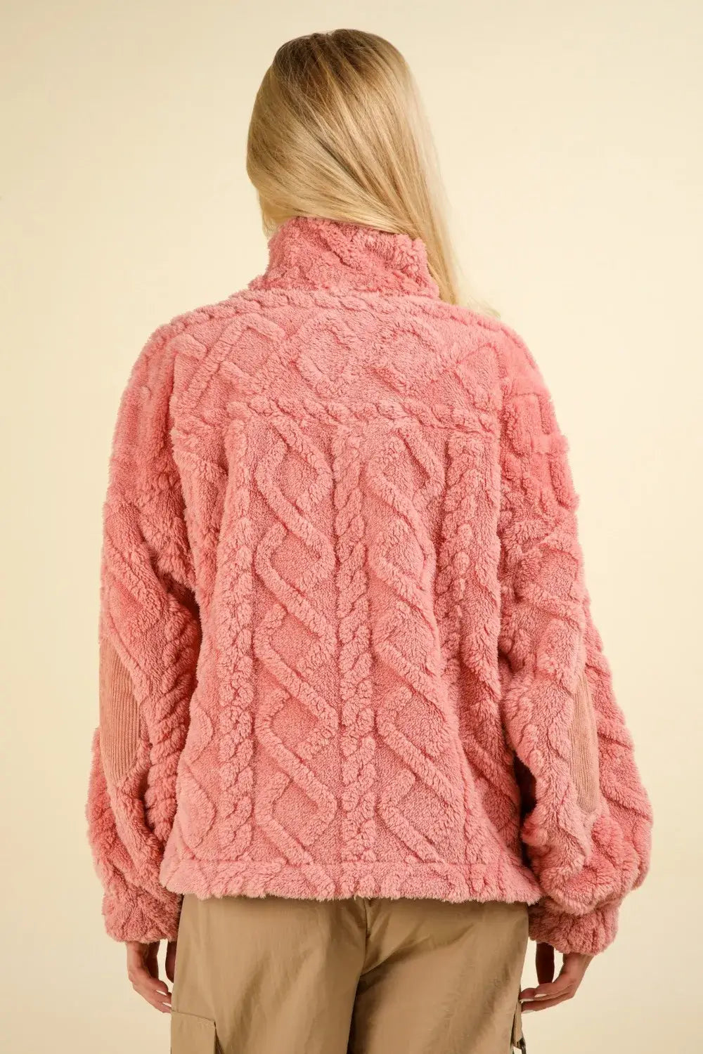 Pink cable knit faux fur jacket with high collar and pockets for VERY J Fuzzy Fleece Half Zip Sweatshirt
