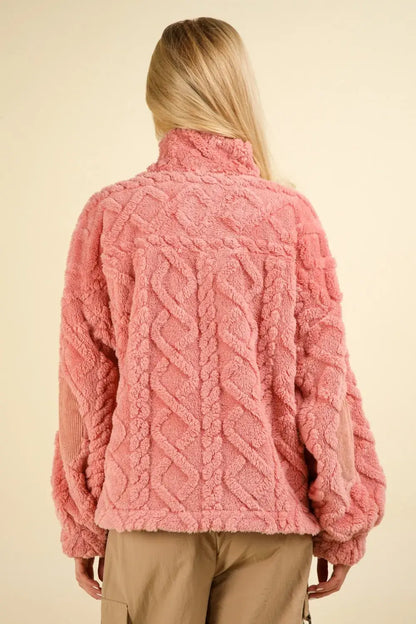 Pink cable knit faux fur jacket with high collar and pockets for VERY J Fuzzy Fleece Half Zip Sweatshirt