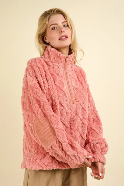 Pink cable knit sweater with high neck and long sleeves from VERY J Fuzzy Fleece Half Zip collection
