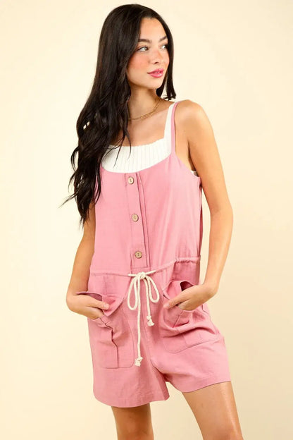 VERY J Half Button Drawstring Sleeveless Romper - Blush / S