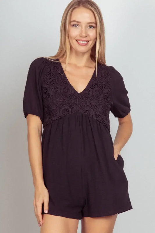 VERY J Lace Detail Puff Sleeve Romper with Pockets - Black / S