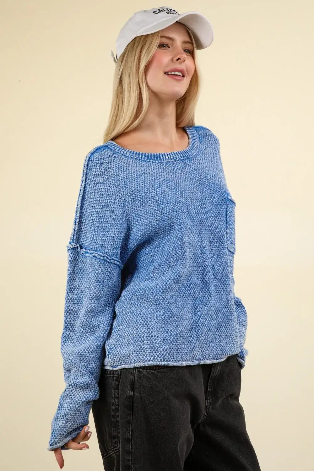 VERY J Mineral Washed Exposed Seam Sweater - Apparel & Accessories > Clothing > Shirts & Tops > Sweaters