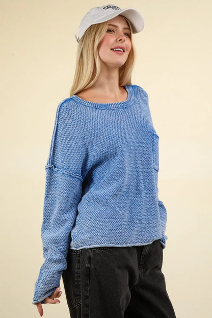 VERY J Mineral Washed Exposed Seam Sweater - Apparel & Accessories > Clothing > Shirts & Tops > Sweaters