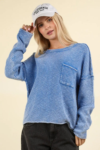 VERY J Mineral Washed Exposed Seam Sweater - Blue / S - Apparel & Accessories > Clothing > Shirts & Tops > Sweaters