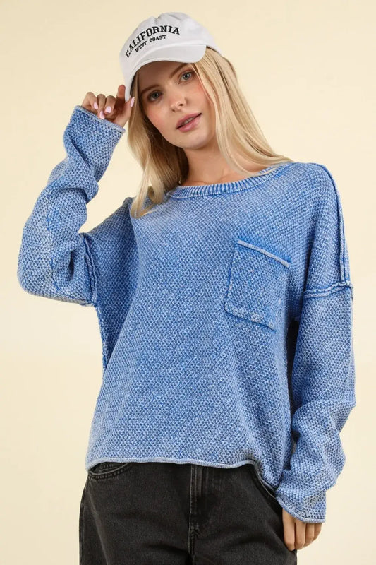 VERY J Mineral Washed Exposed Seam Sweater - Blue / S - Apparel & Accessories > Clothing > Shirts & Tops > Sweaters