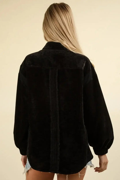 Black oversized velvet shacket with raw hem and mixed media button-down closure