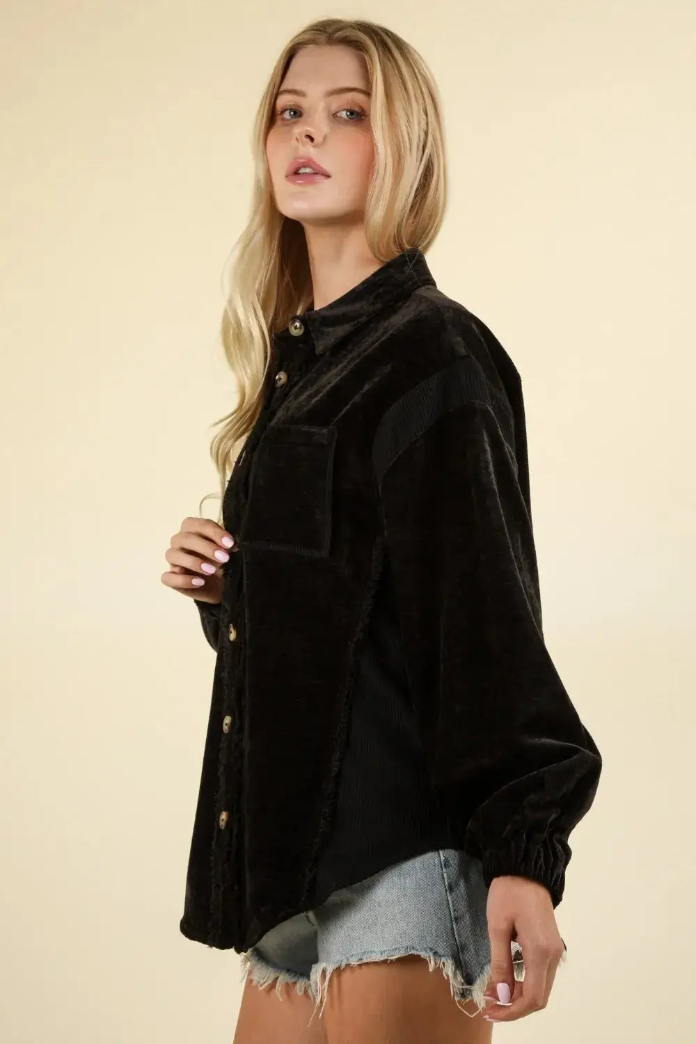 Black velvet oversized shacket with raw hem and mixed media button-down front