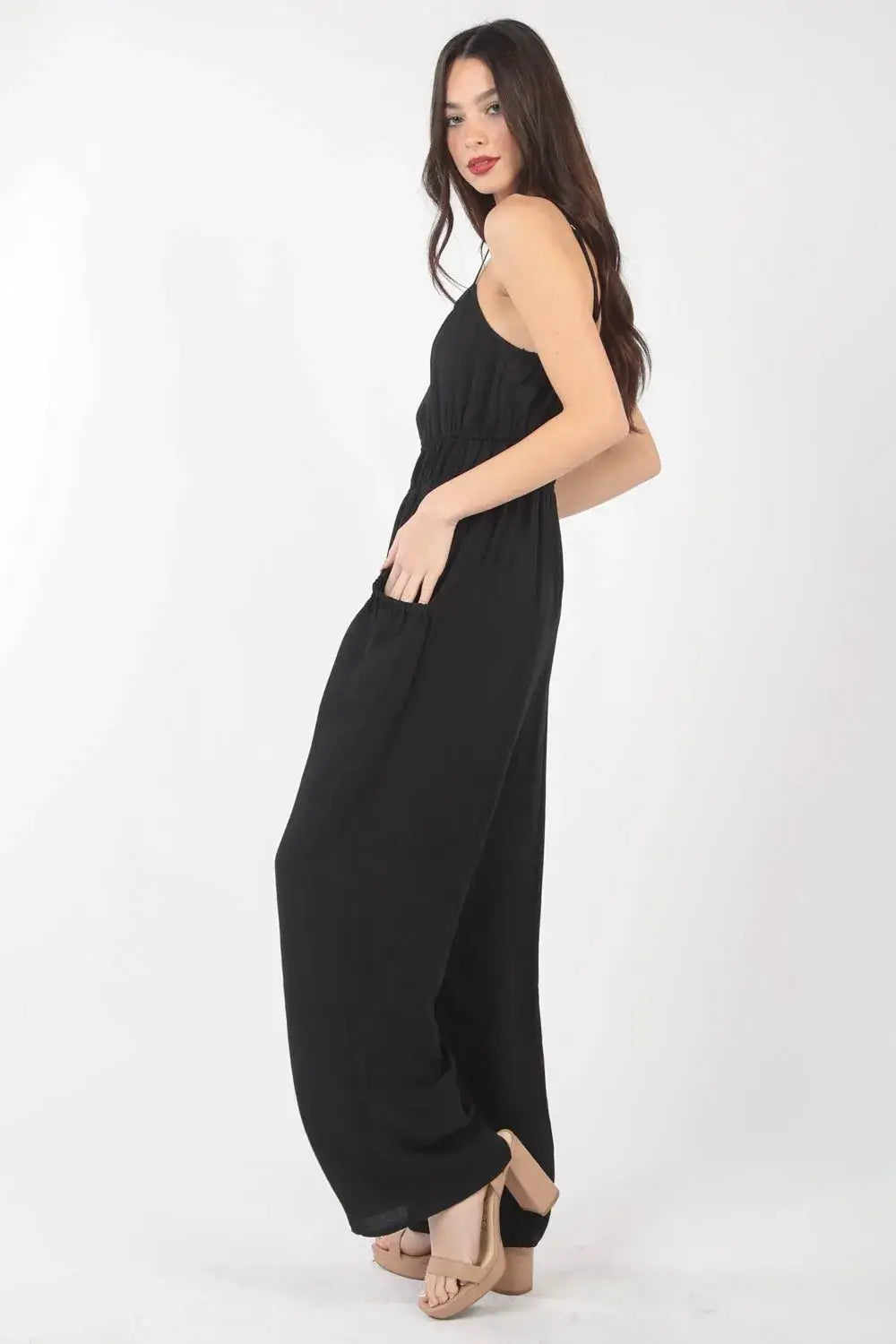 VERY J Pintuck Detail Woven Sleeveless Jumpsuit