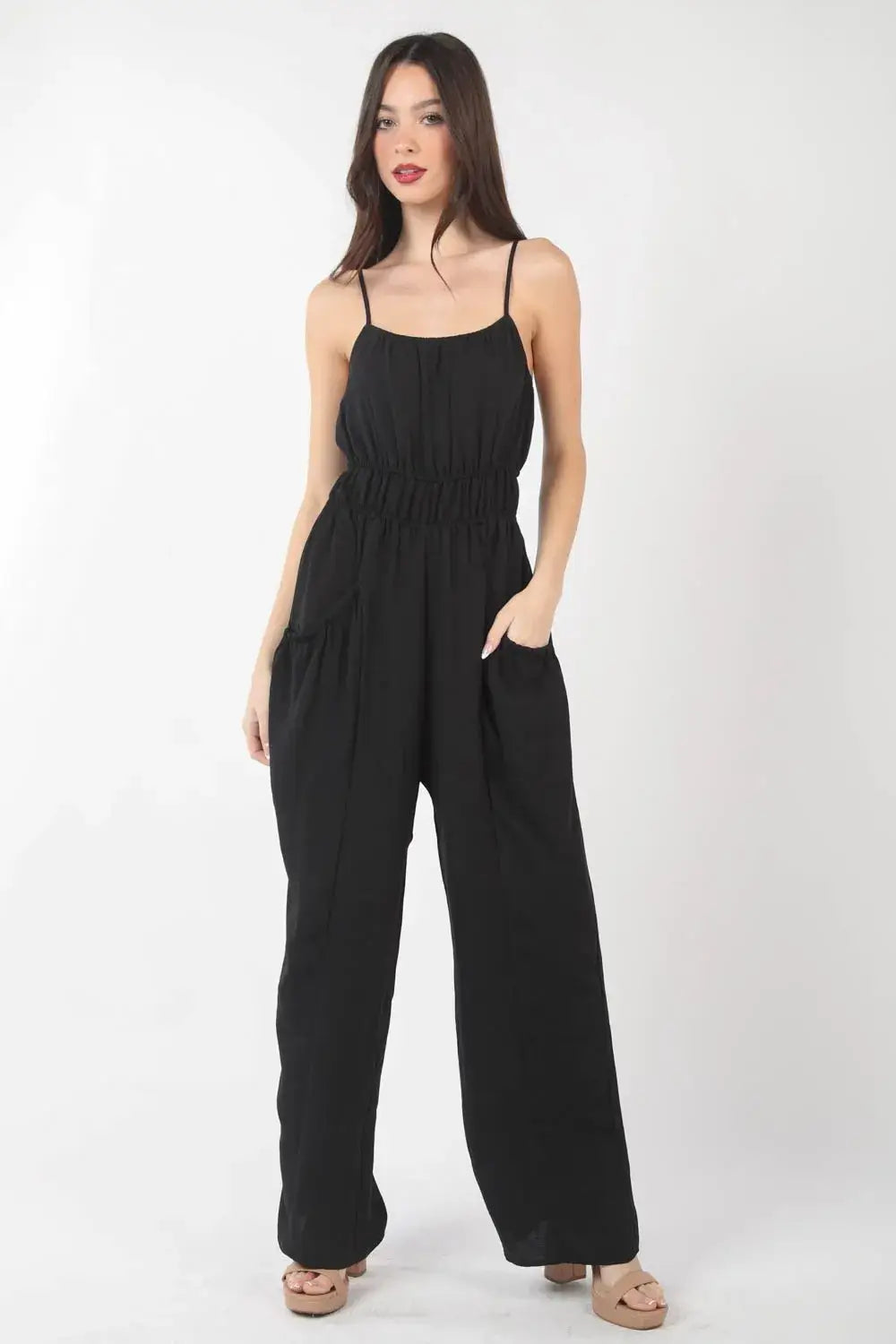 VERY J Pintuck Detail Woven Sleeveless Jumpsuit - BLACK / S