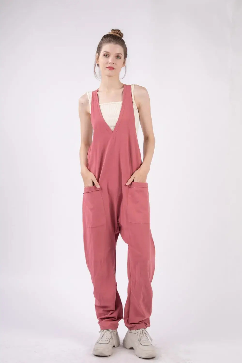 VERY J Plunge Sleeveless Jumpsuit with Pockets - Brick / S