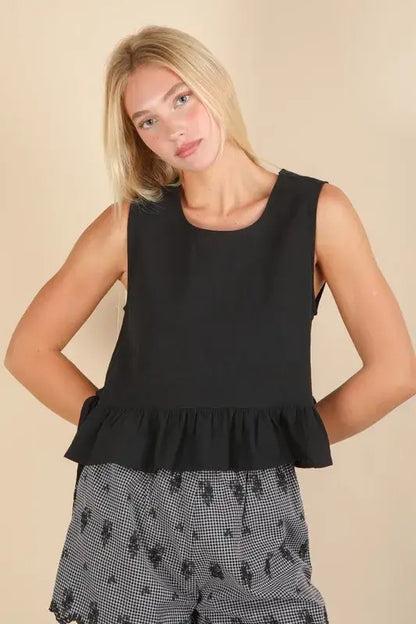 VERY J Side Tie Detail Ruffled Sleeveless Top - Black / S