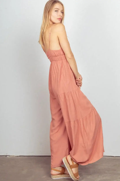 Peach strapless maxi dress with ruffled hem and elastic waistband inspired by Free People summer solstice model