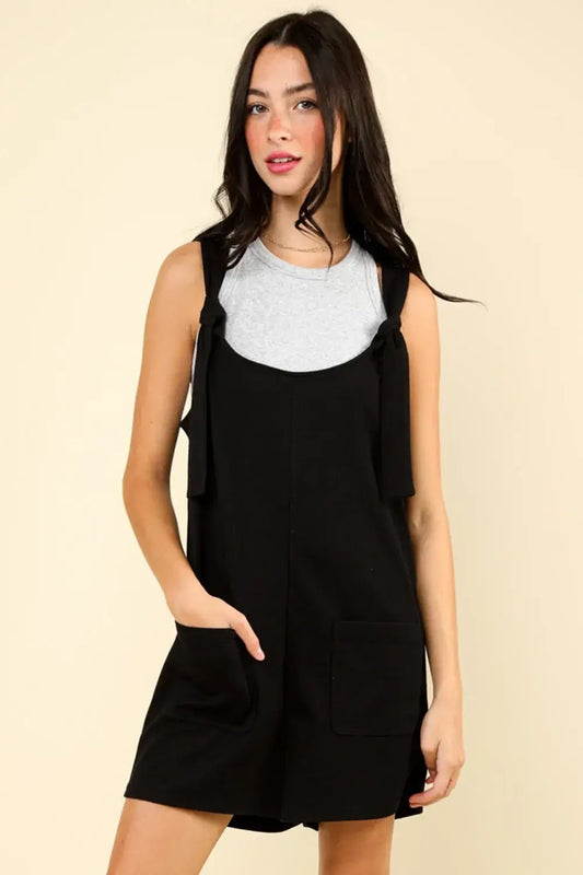 VERY J Tie Shoulder Front Pocket Romper - Black / S