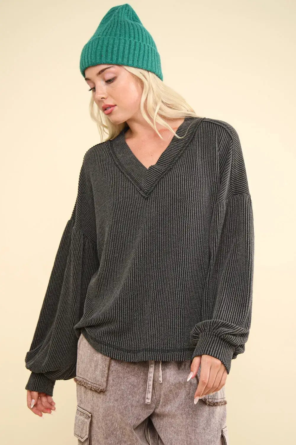 Charcoal two tone ribbed oversized v-neck sweater with exposed seams and ribbed cuffs