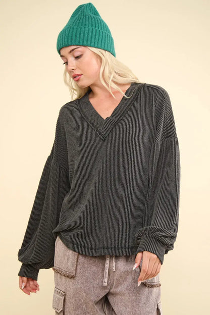 Charcoal two tone ribbed oversized v-neck sweater with exposed seams and ribbed cuffs