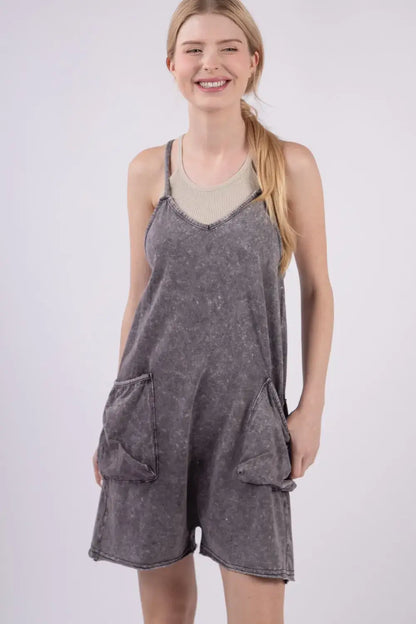 VERY J V-Neck Sleeveless Washed Romper - Black / S