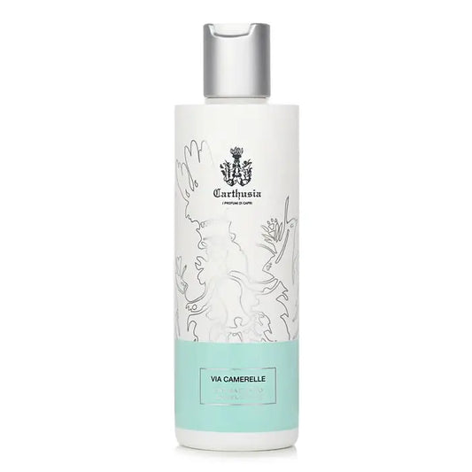 White Carthusia Via Camerelle shower gel bottle with silver cap for Via Camerelle Body Lotion