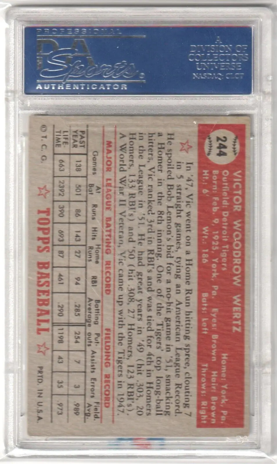 Graded Vic Wertz 1952 Topps baseball card from Columbia Hobby, PSA 6 EX-MT, Tigers