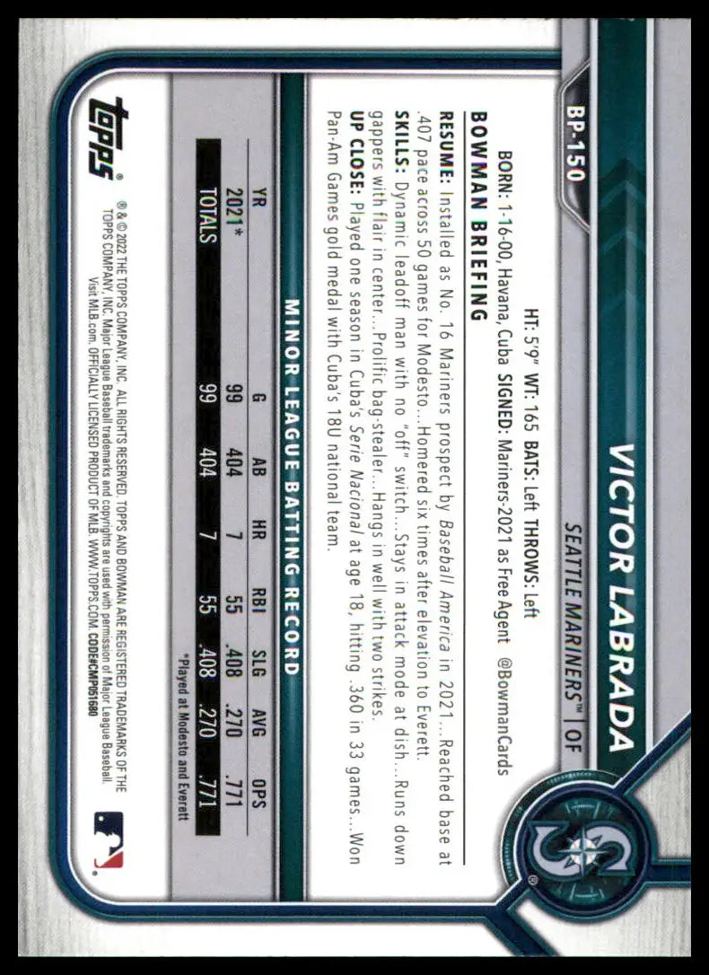 Victor Labrada 2022 Bowman Prospects baseball card back detail for Seattle Mariners