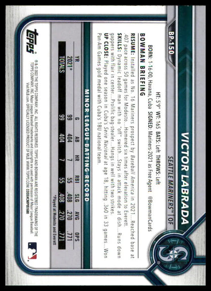 Victor Labrada 2022 Bowman Prospects baseball card back detail for Seattle Mariners