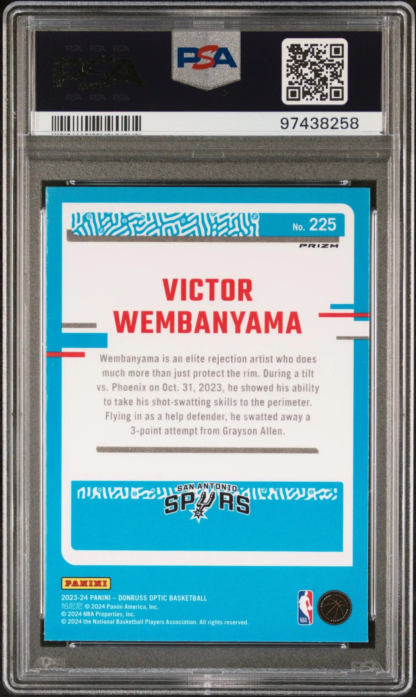 Victor Wembanyama 2023 Donruss Optic Holo #225 PSA 8 Nm-Mint basketball card with teal border