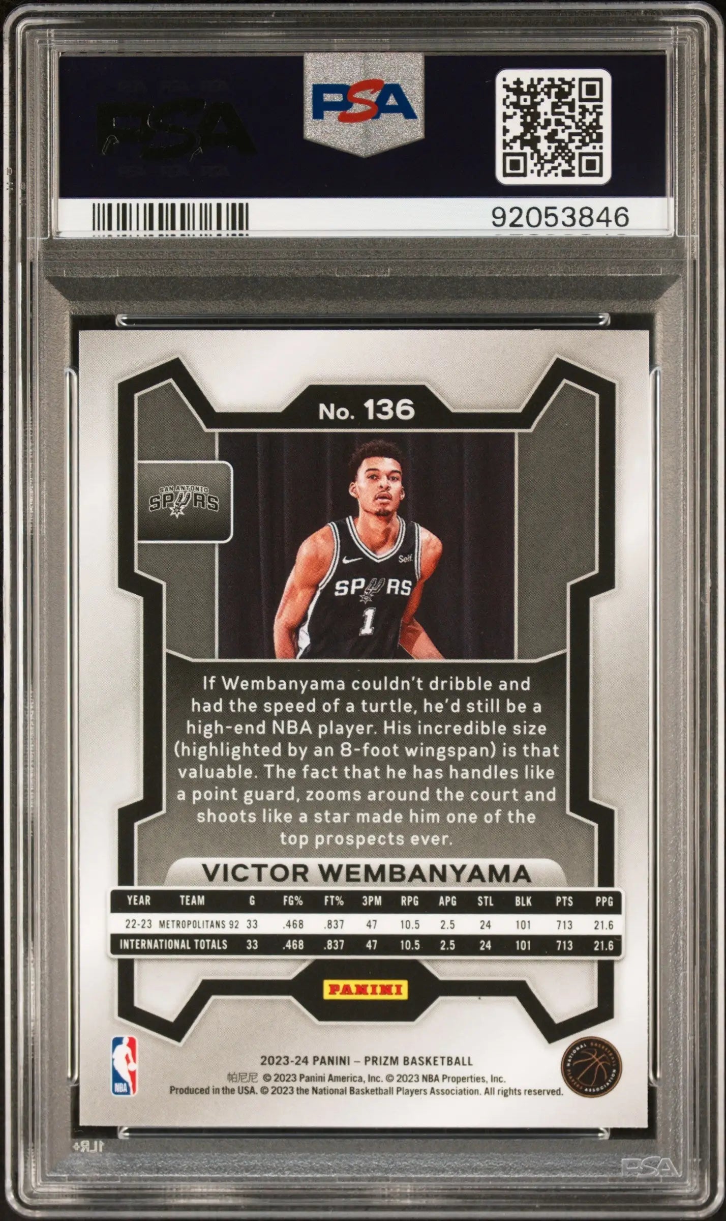 PSA-graded Victor Wembanyama 2023 Panini Prizm #136 Gem Mint basketball trading card