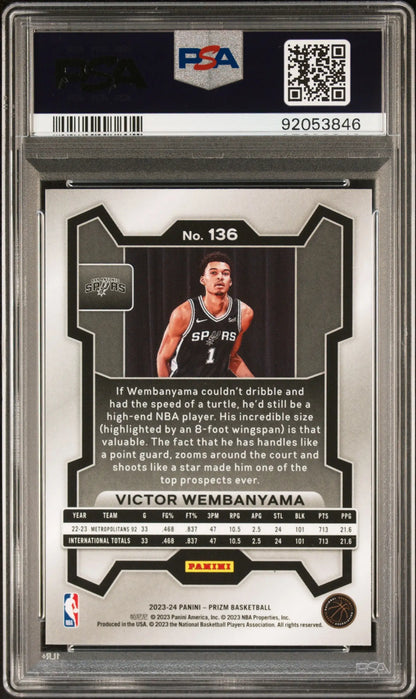 PSA-graded Victor Wembanyama 2023 Panini Prizm #136 Gem Mint basketball trading card