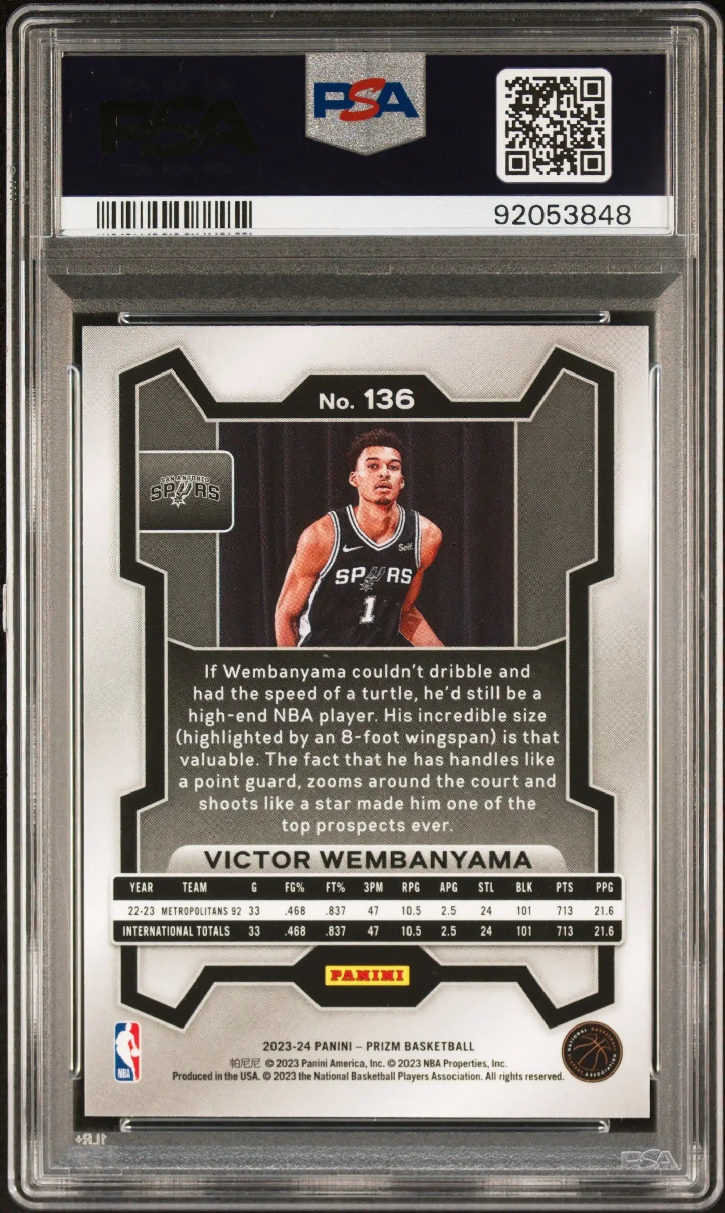 PSA-graded Victor Wembanyama 2023 Panini Prizm #136 Gem Mint basketball trading card