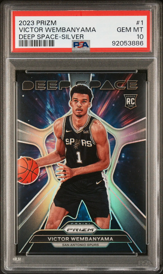 Graded Victor Wembanyama basketball card in Panini Prizm Deep Space Silver PSA 10