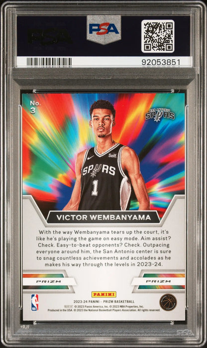 PSA-graded Victor Wembanyama 2023 Panini Prizm Instant Impact Silver card with rainbow design