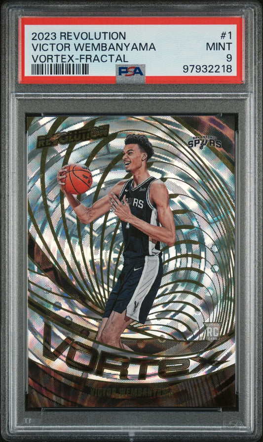 Graded Victor Wembanyama rookie card from Panini Revolution Vortex-Fractal series at Columbia Hobby