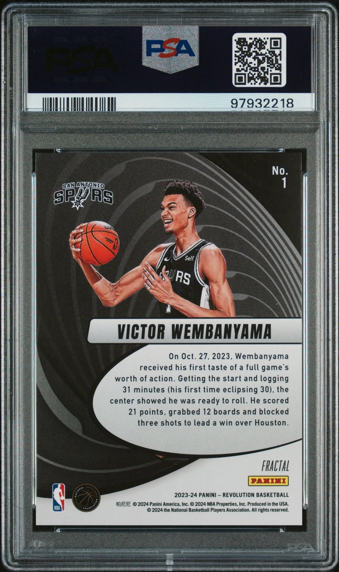 Graded Victor Wembanyama basketball card from Panini Revolution Vortex-Fractal Rookie RC