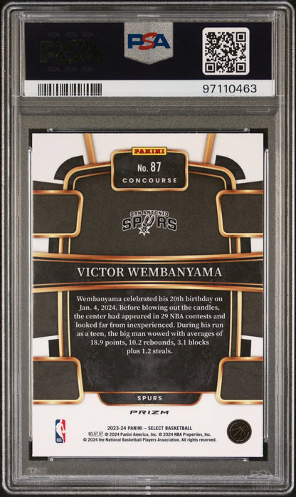 Back side of Victor Wembanyama 2023 Panini Select Rookie Silver Prizm PSA 10 card