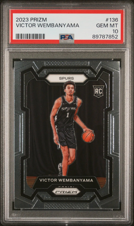 Victor Wembanyama 2023 Prizm #136 PSA 10 Gem Mint trading card with Brooklyn Nets player