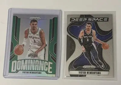 Two Victor Wembanyama basketball trading cards from VICTOR WEMBANYAMA 2024-25 PANINI PRIZM DOMINANCE DEEP SPACE BASE set